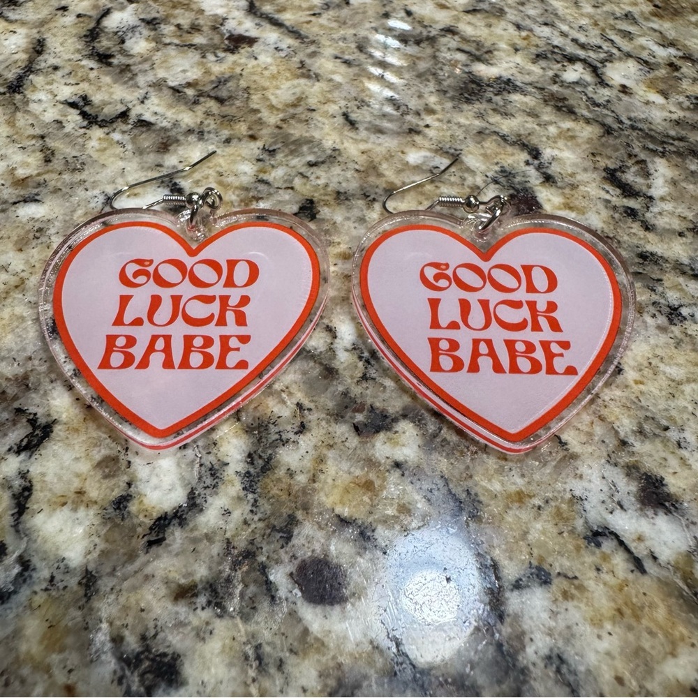 Heart-Shaped 'Good Luck Babe' Earrings